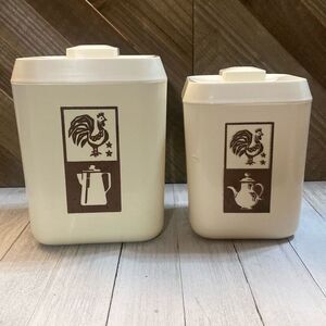 Set of 2 Vintage MCM Lustro-Ware Rooster Nesting Kitchen Canisters Brown Cream